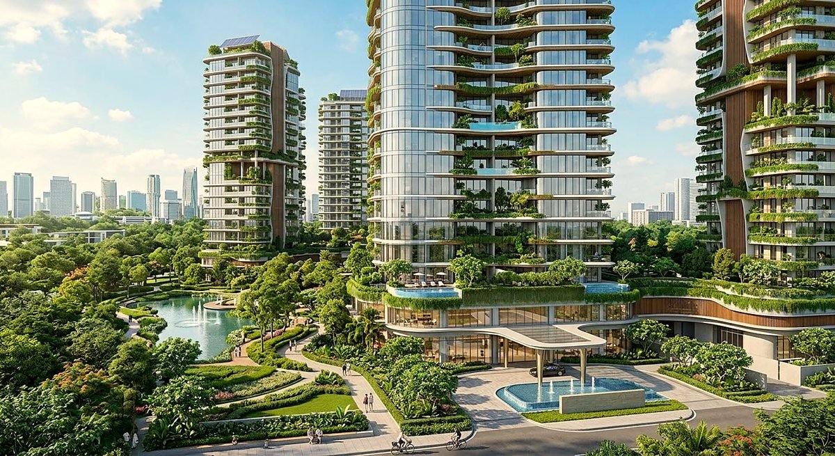 Green-terraced residential towers above a landscaped park