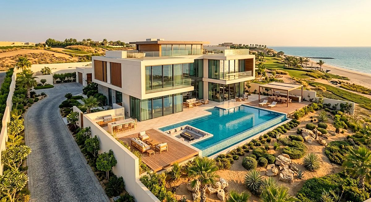 Contemporary beachfront villa with an infinity pool, shaded terrace and desert landscaping
