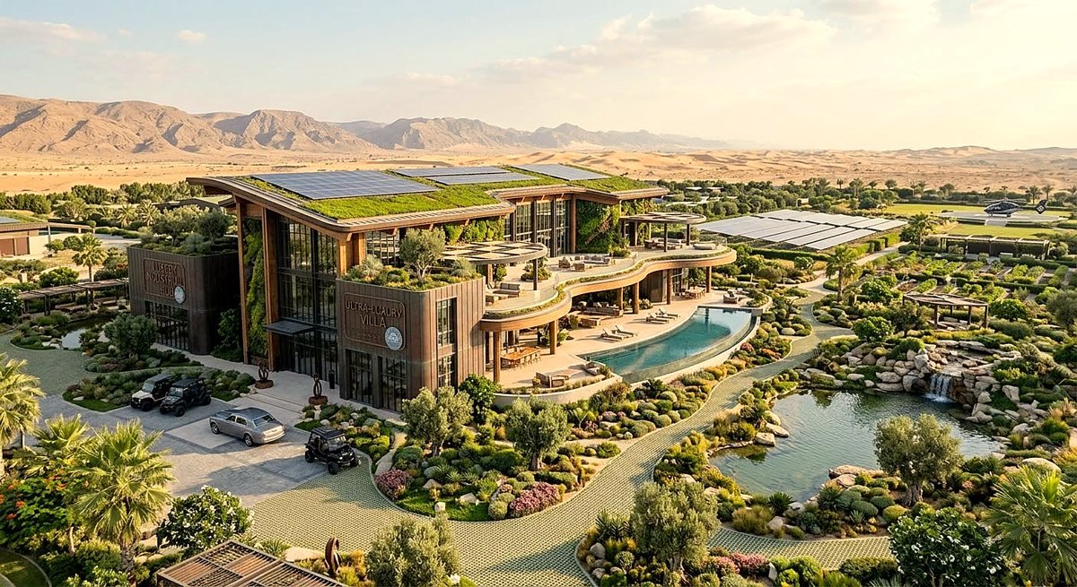 Ultra-luxury estate with landscaped grounds and mountain horizon