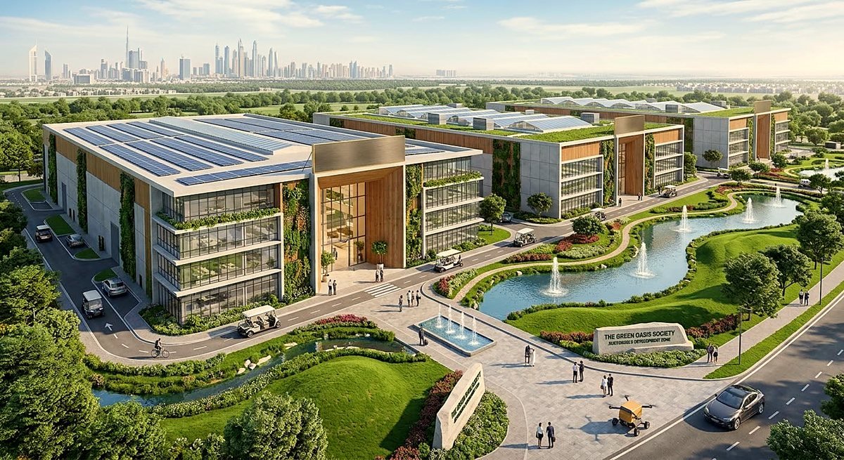 Rana Group development with solar roofs, green facades and landscaped water features