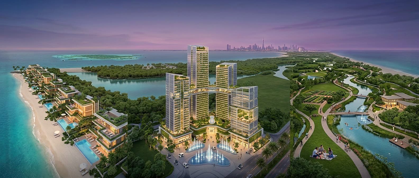 Aerial view of a master-planned waterfront community in the United Arab Emirates with villas, marina and parkland