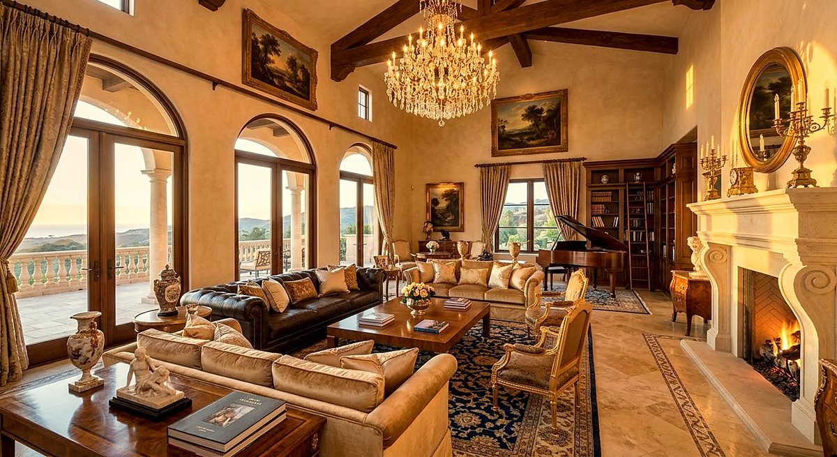 Grand reception room of a prime residence with fireplace, chandelier and terrace beyond