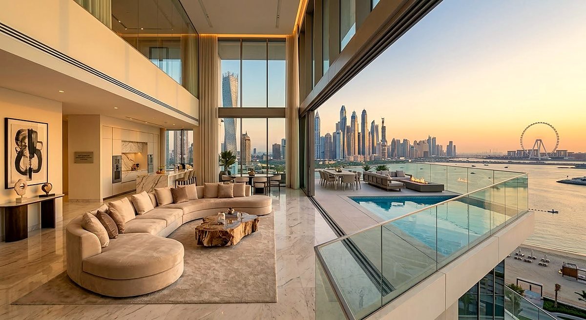 Penthouse living space with double-height glazing over the sea at sunset
