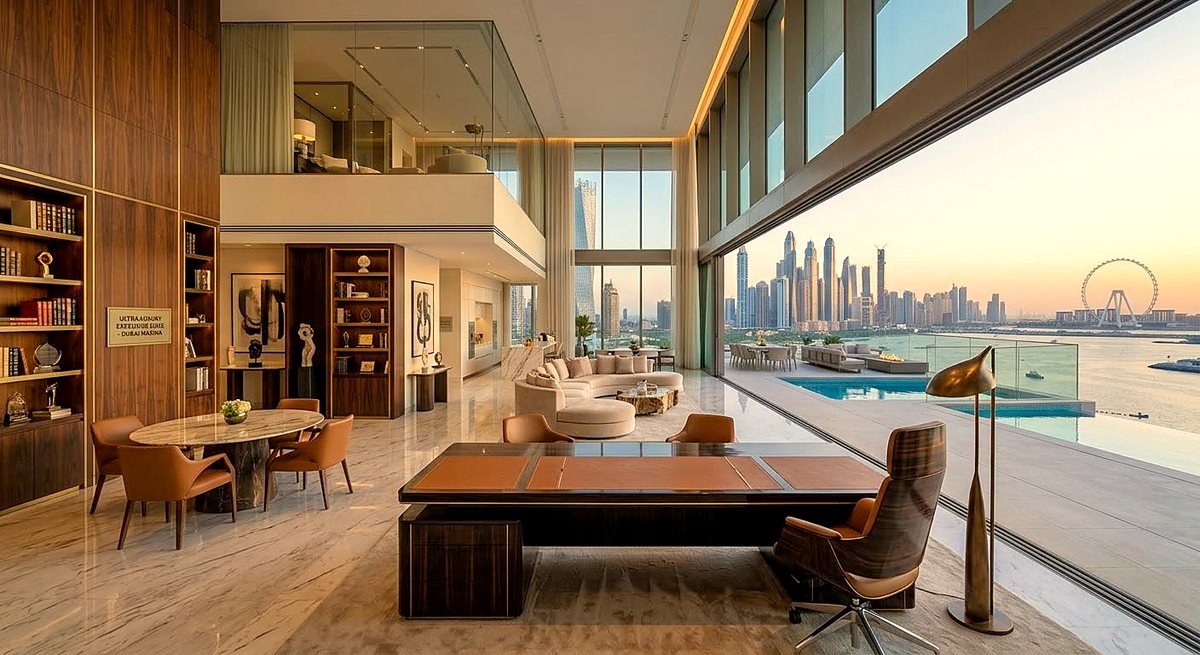 Executive study with leather-topped desk overlooking a marina at sunset
