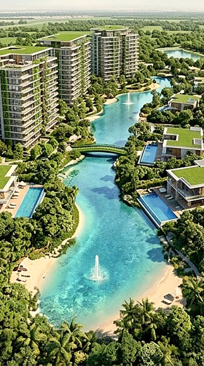 Children swimming in a crystal community lagoon beside low-rise residences