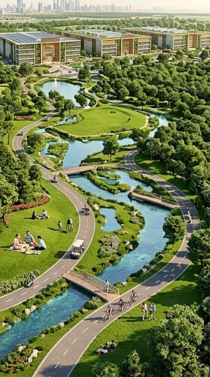 Families cycling and picnicking in landscaped parkland beside a community lake