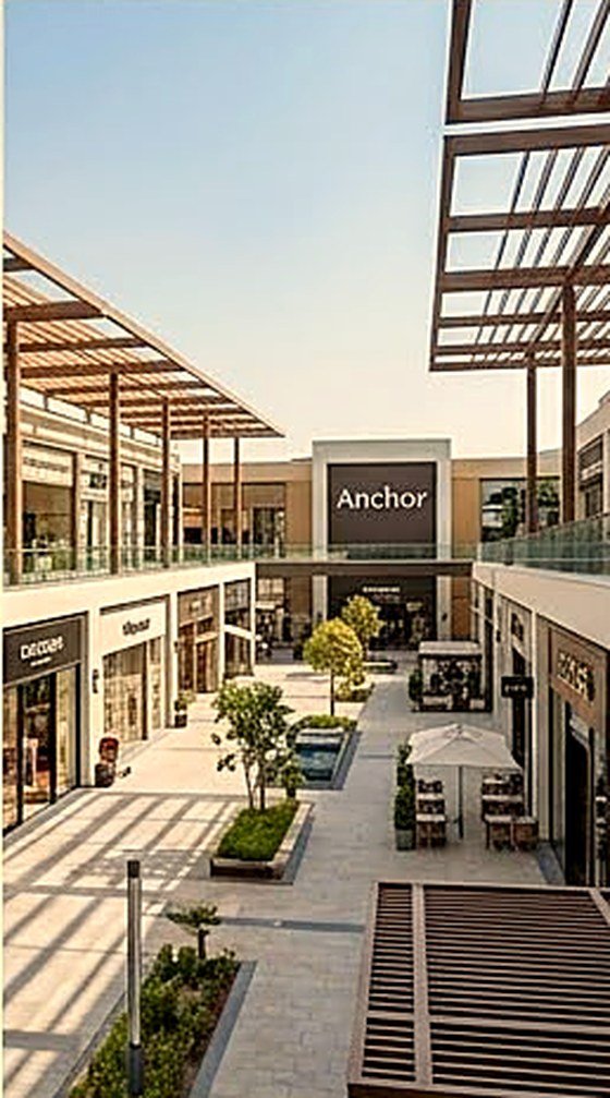 Open-air retail parade with anchor store and dining terraces