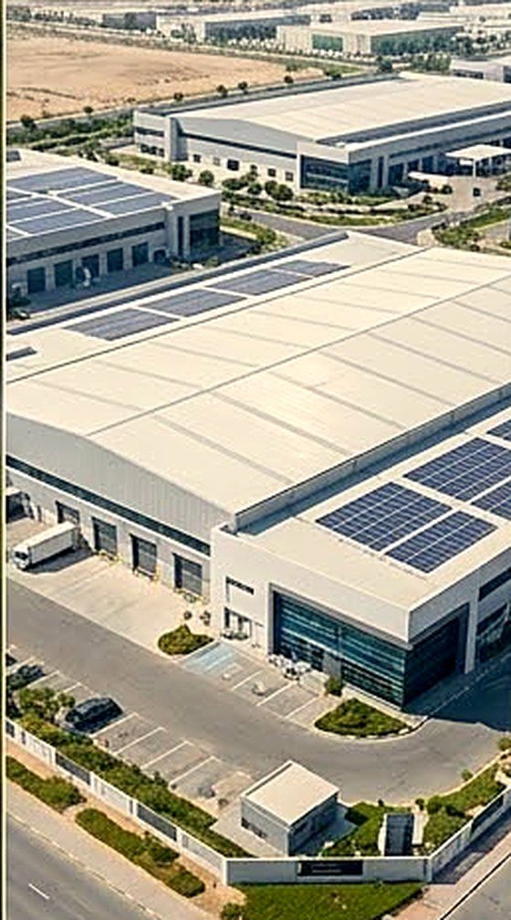 Modern industrial sheds with photovoltaic roofs and lorry yards