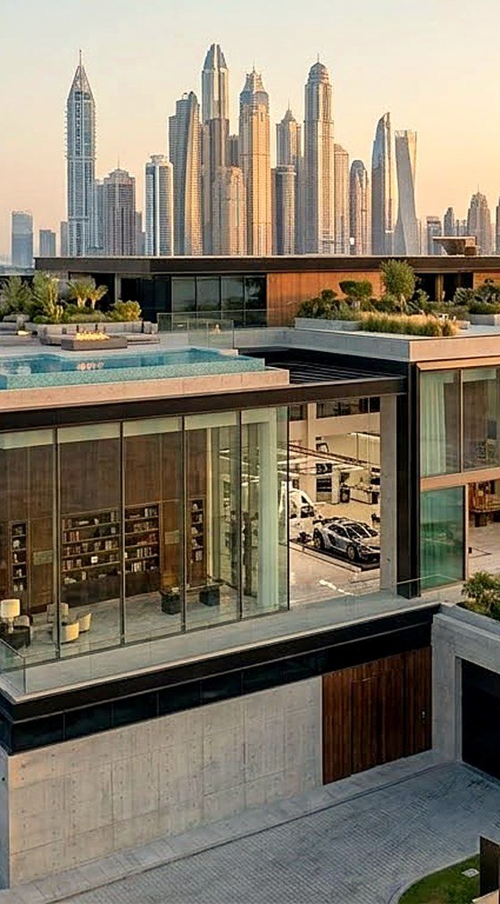 Waterfront mansion with terraces and private berth at golden hour