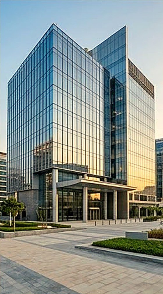 Grade A glass office building with landscaped plaza