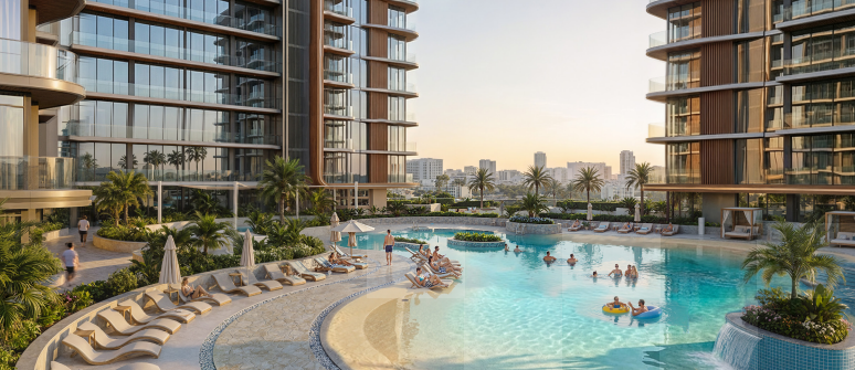 Contemporary residential development in Al Jaddaf featuring modern architecture, a resort-style beach pool, landscaped surroundings and elegant residential spaces, representing the premium lifestyle offered at Azizi Jaddaf Beach Oasis.